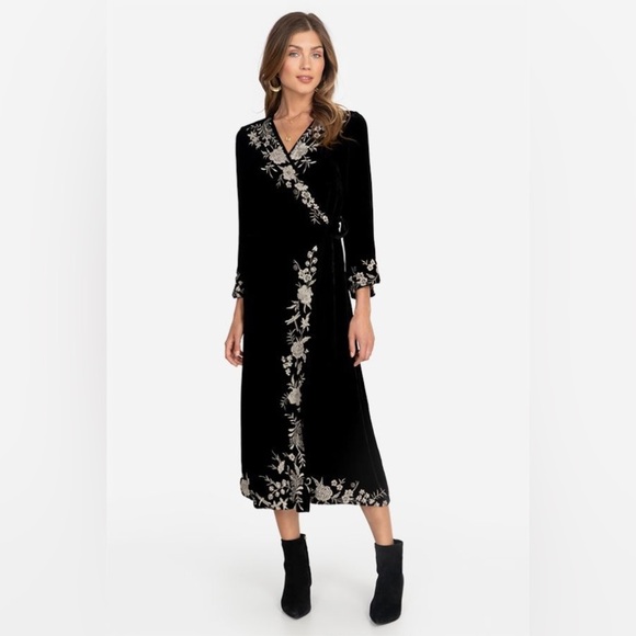 Johnny Was Black Velvet Floral Wrap Dress Small - Picture 1 of 12